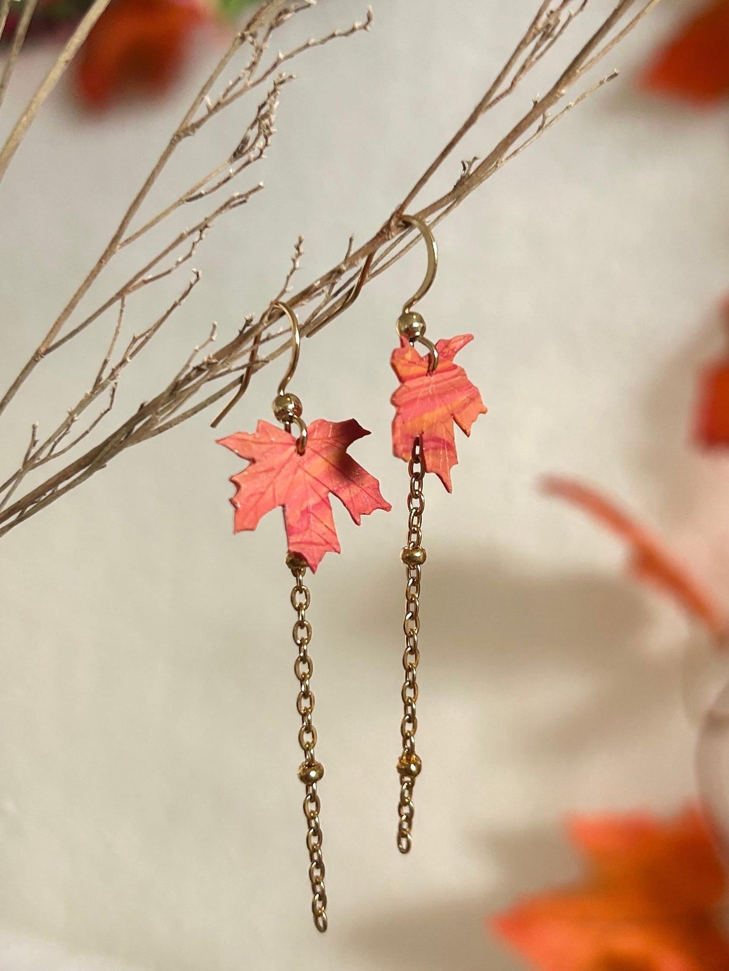 Long maple earrings