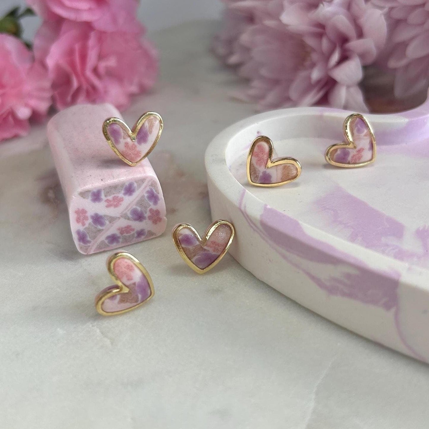Floral gold framed heart studs