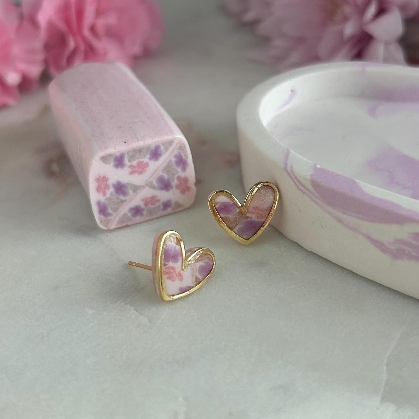 Floral gold framed heart studs