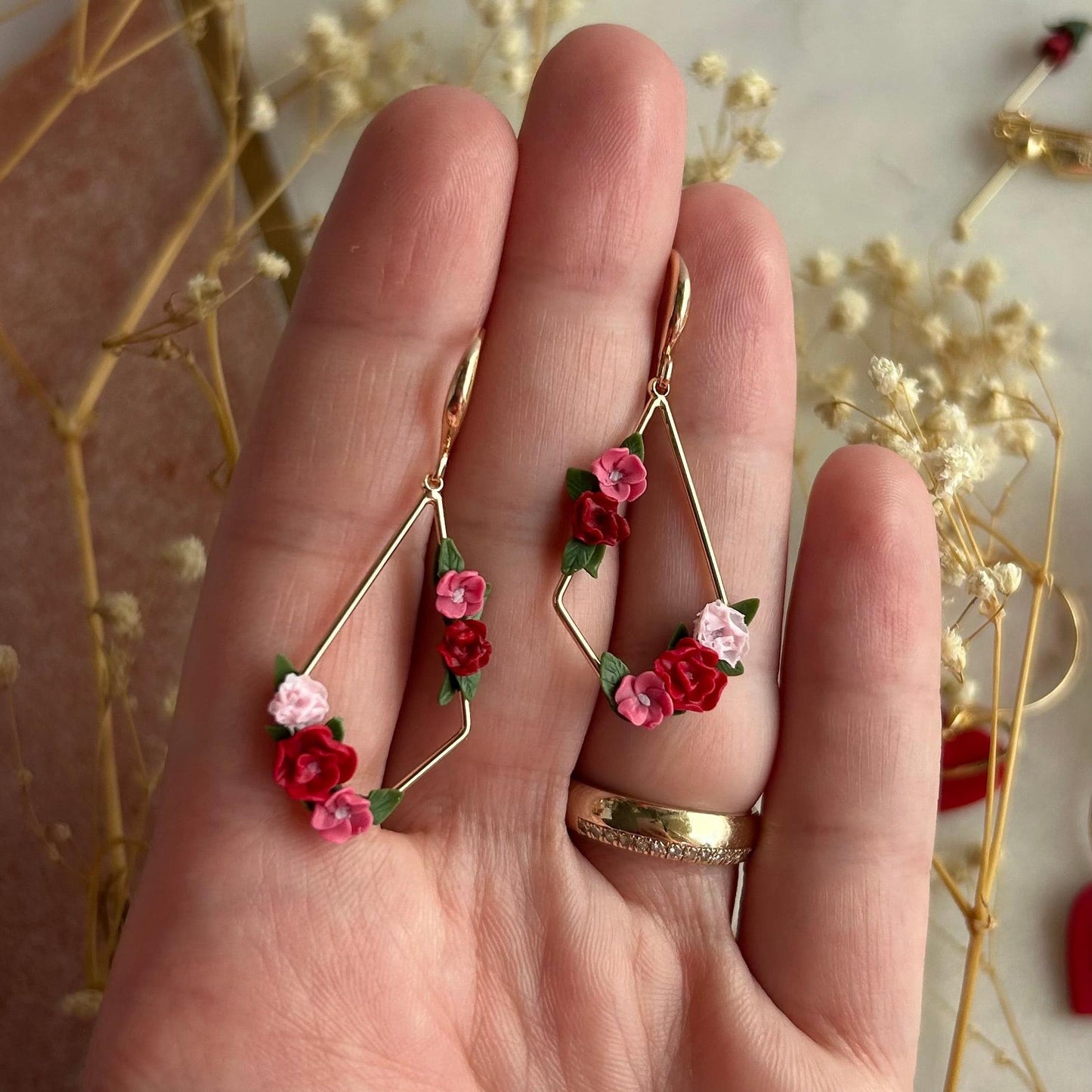Florence dark pinks flower earrings