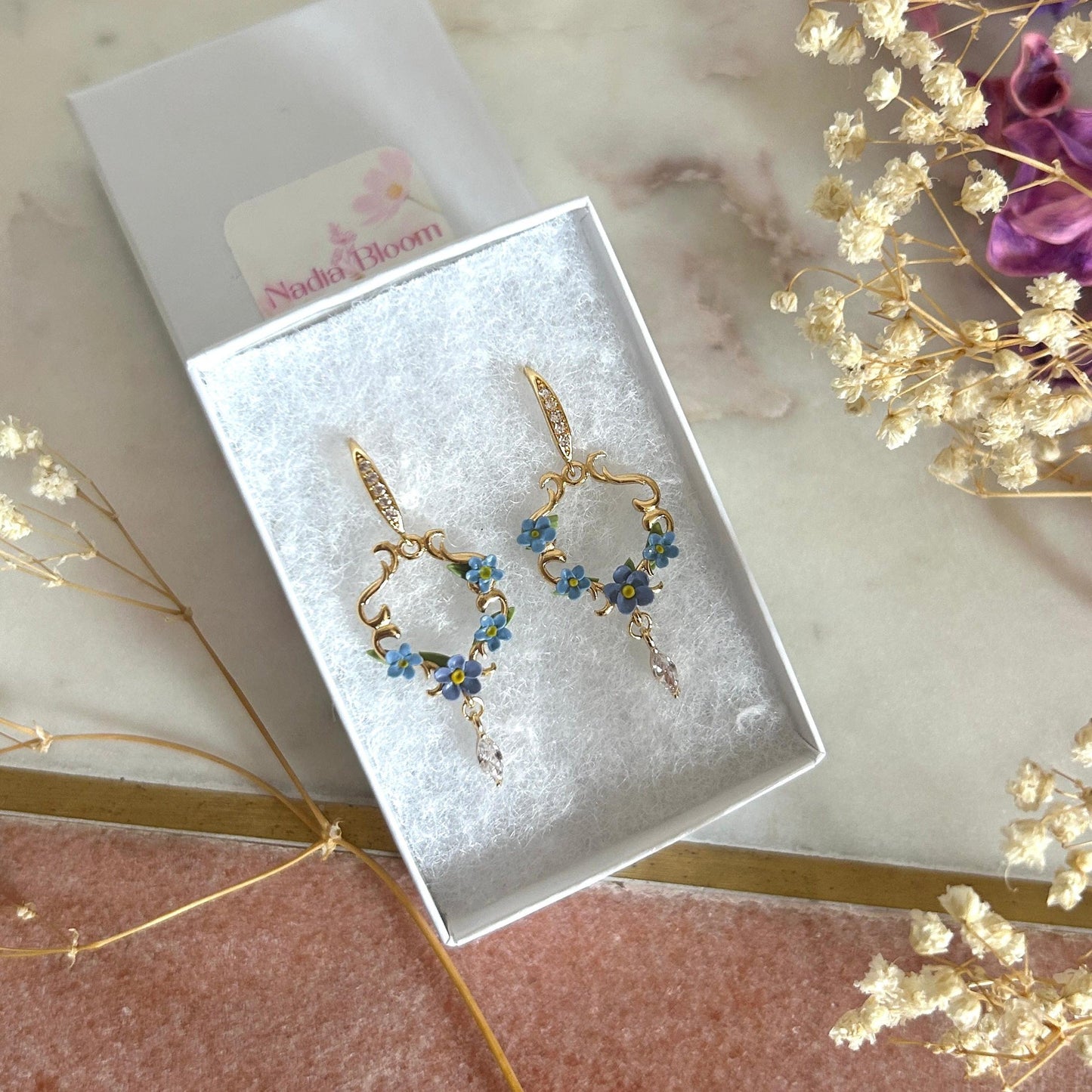 Forget-me-not flower CZ earrings
