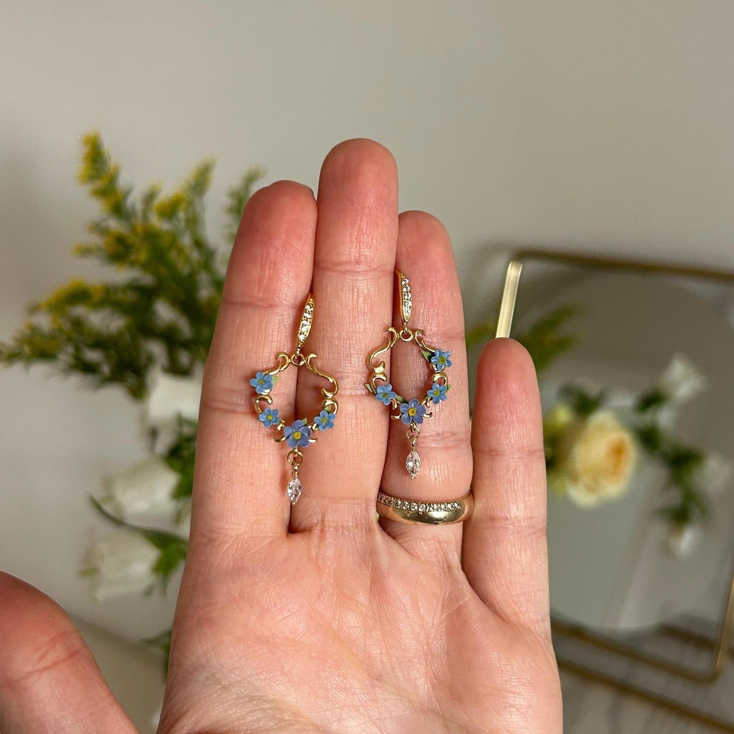 Forget-me-not flower CZ earrings