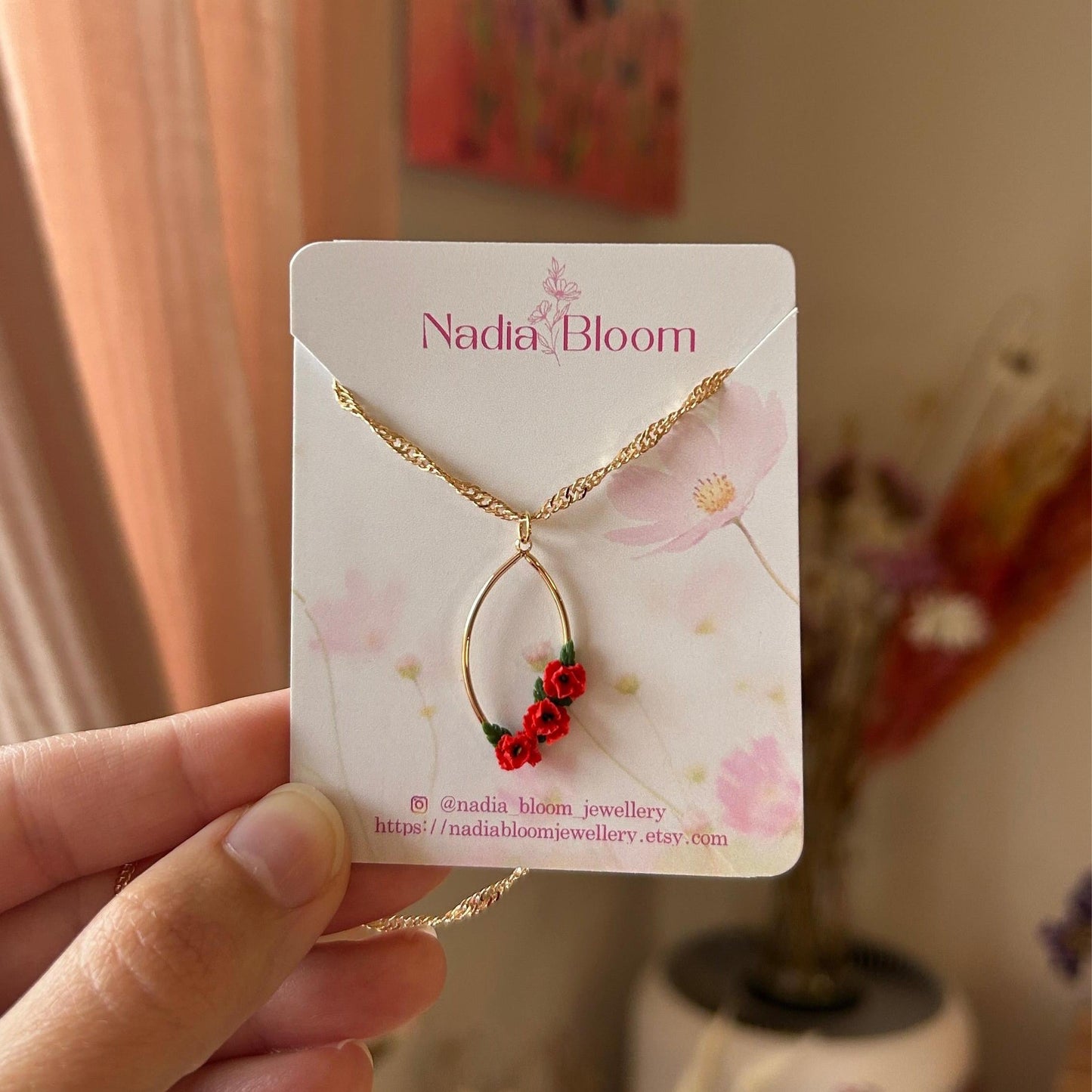 Oval red poppy flower necklace