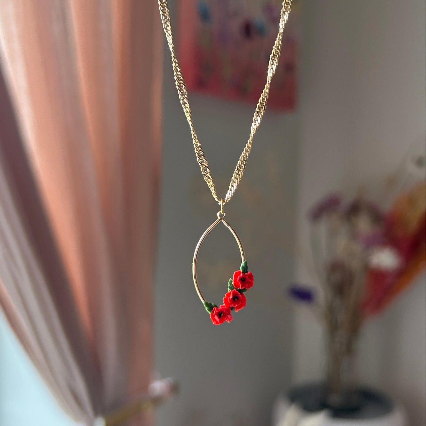 Oval red poppy flower necklace