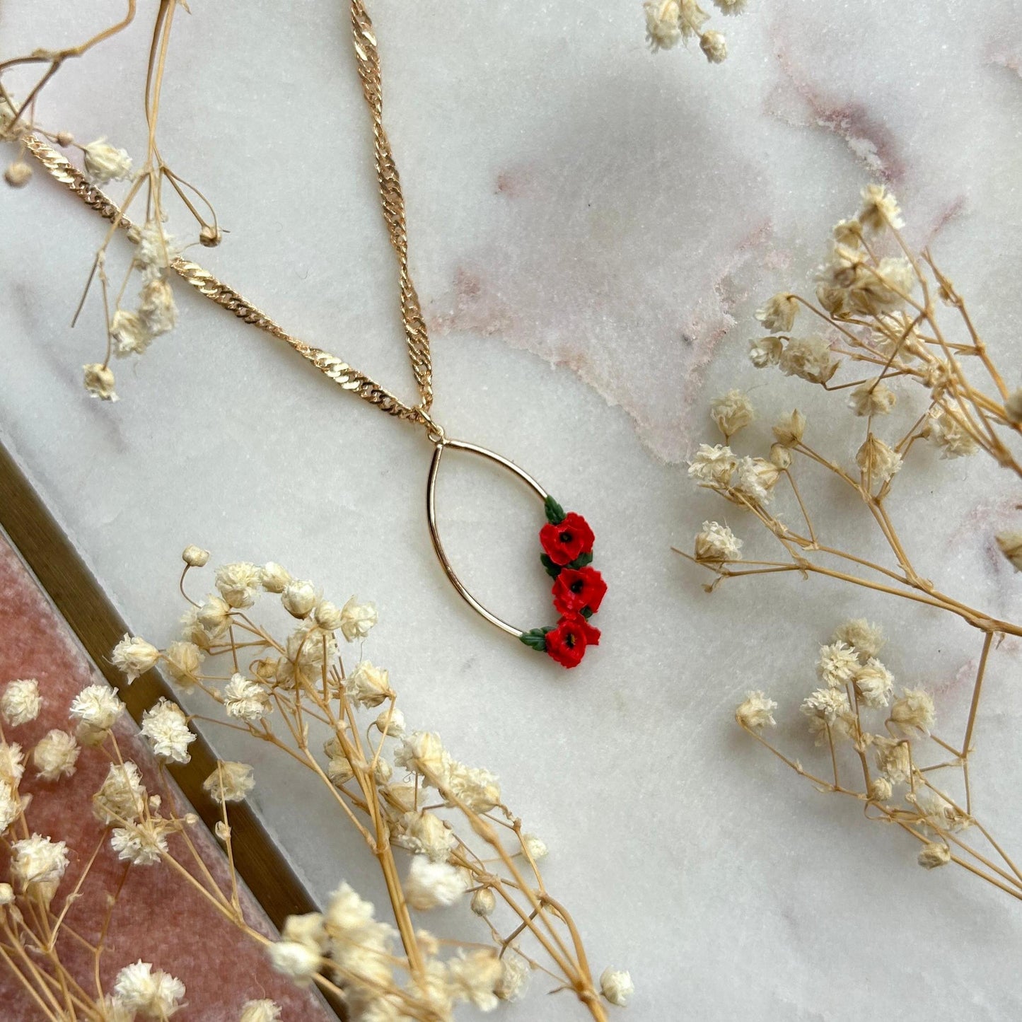 Oval red poppy flower necklace