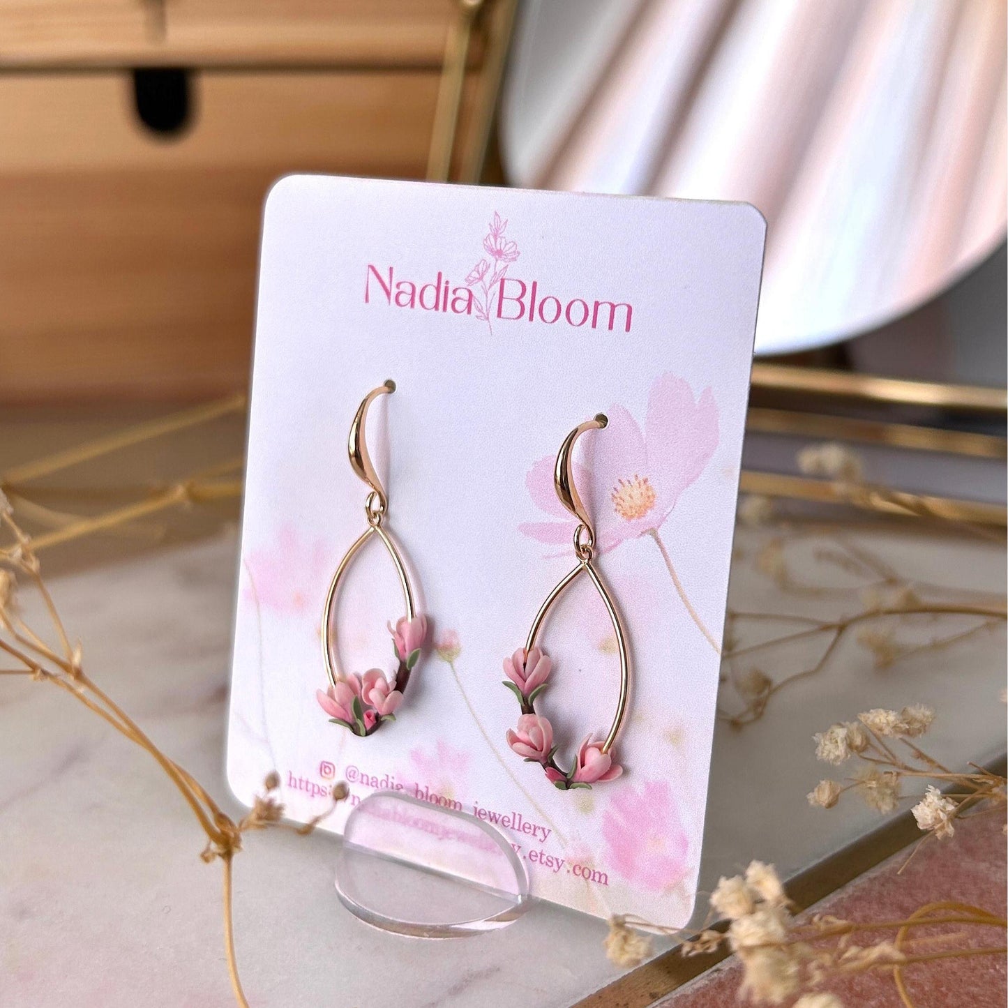 Pink magnolia flower drop earrings