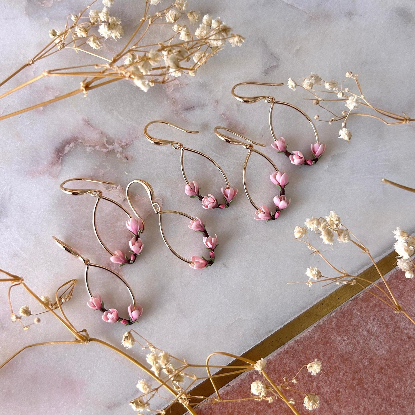 Pink magnolia flower drop earrings
