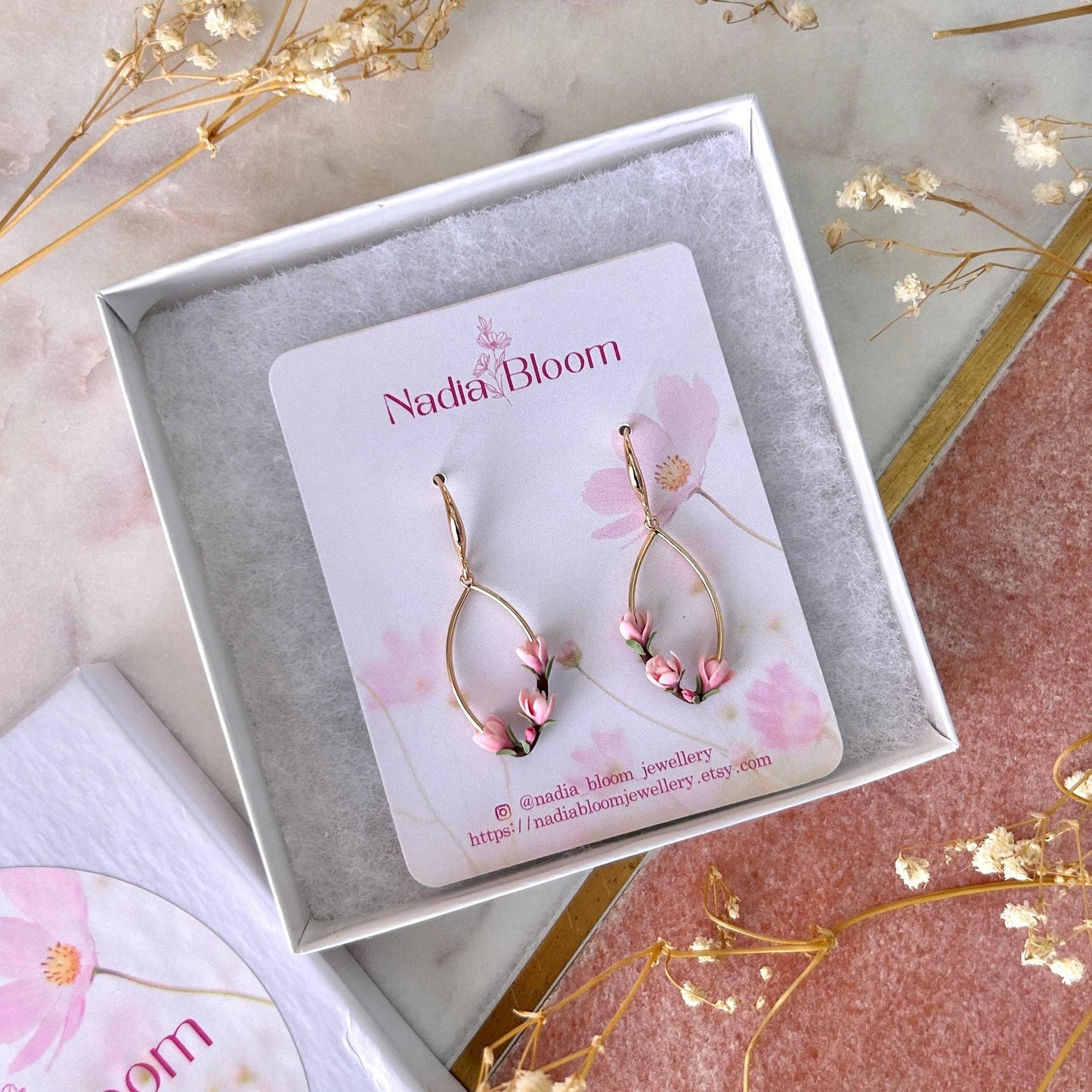 Pink magnolia flower drop earrings