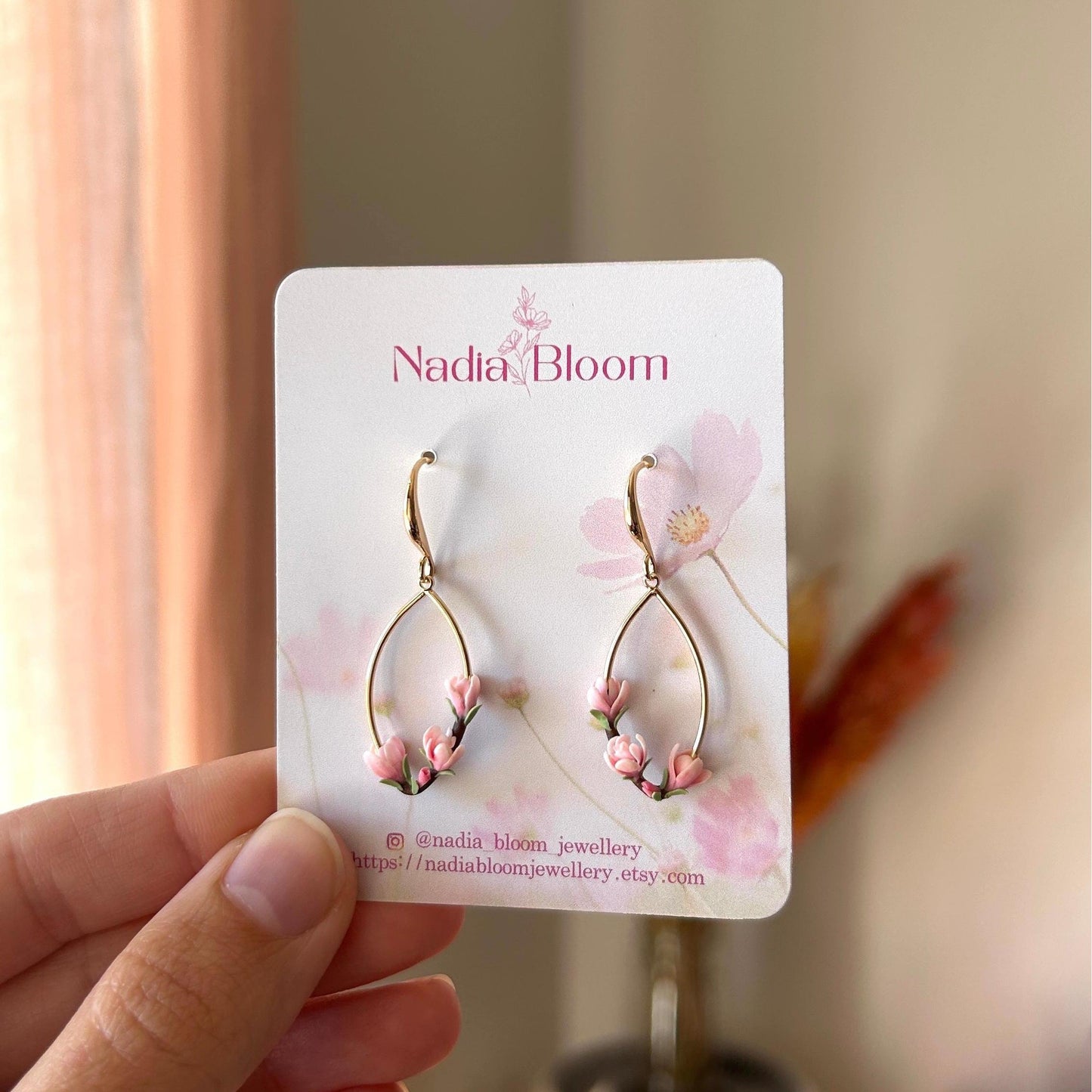 Pink magnolia flower drop earrings