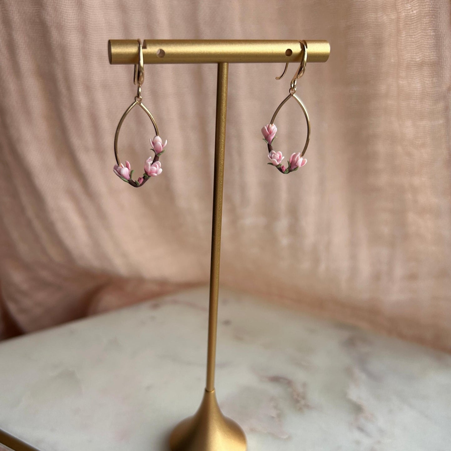 Pink magnolia flower drop earrings