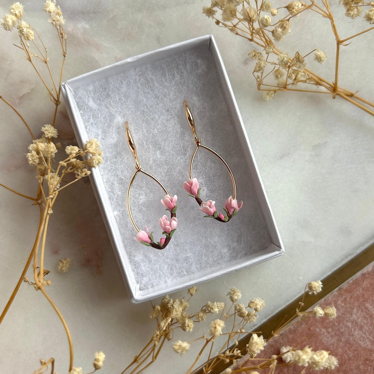 Pink magnolia flower drop earrings
