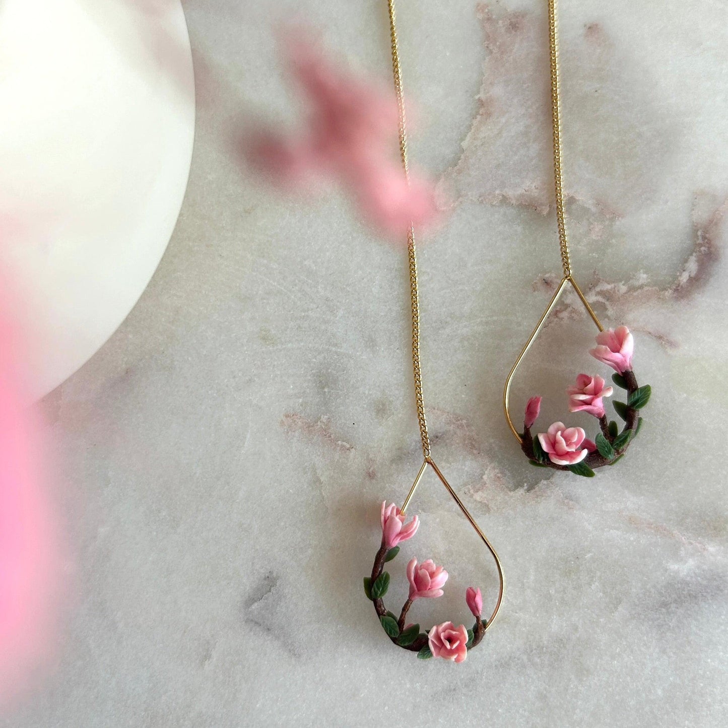 Pink magnolia flower threader earrings