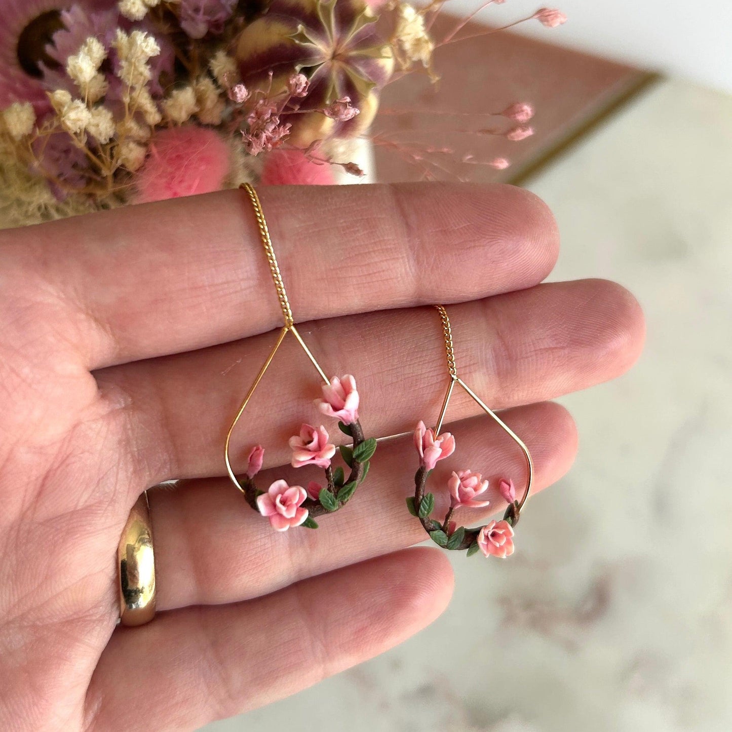 Pink magnolia flower threader earrings