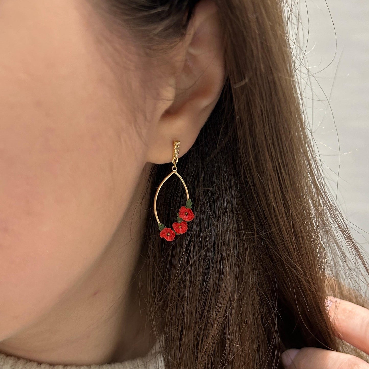 Red poppy August birth month earrings
