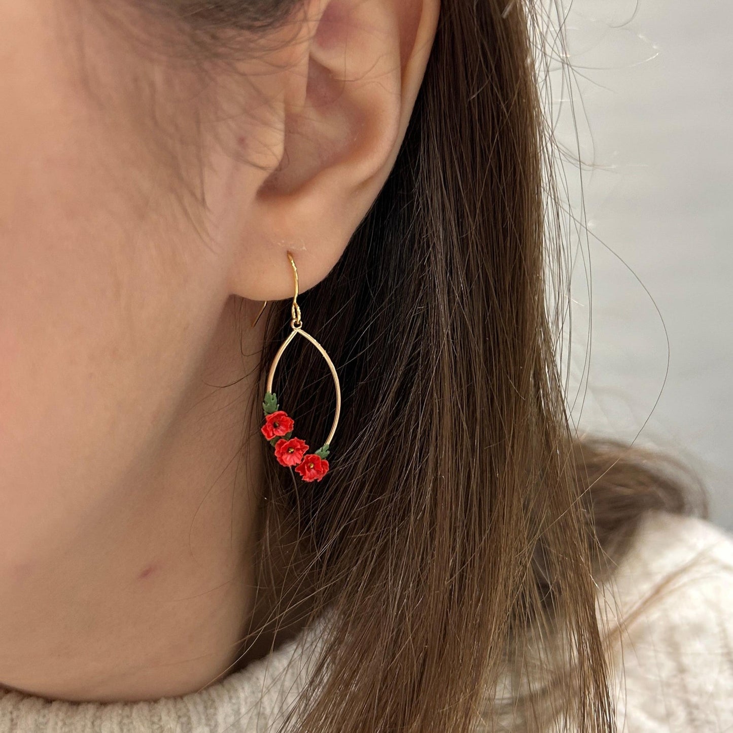 Red poppy August birth month earrings