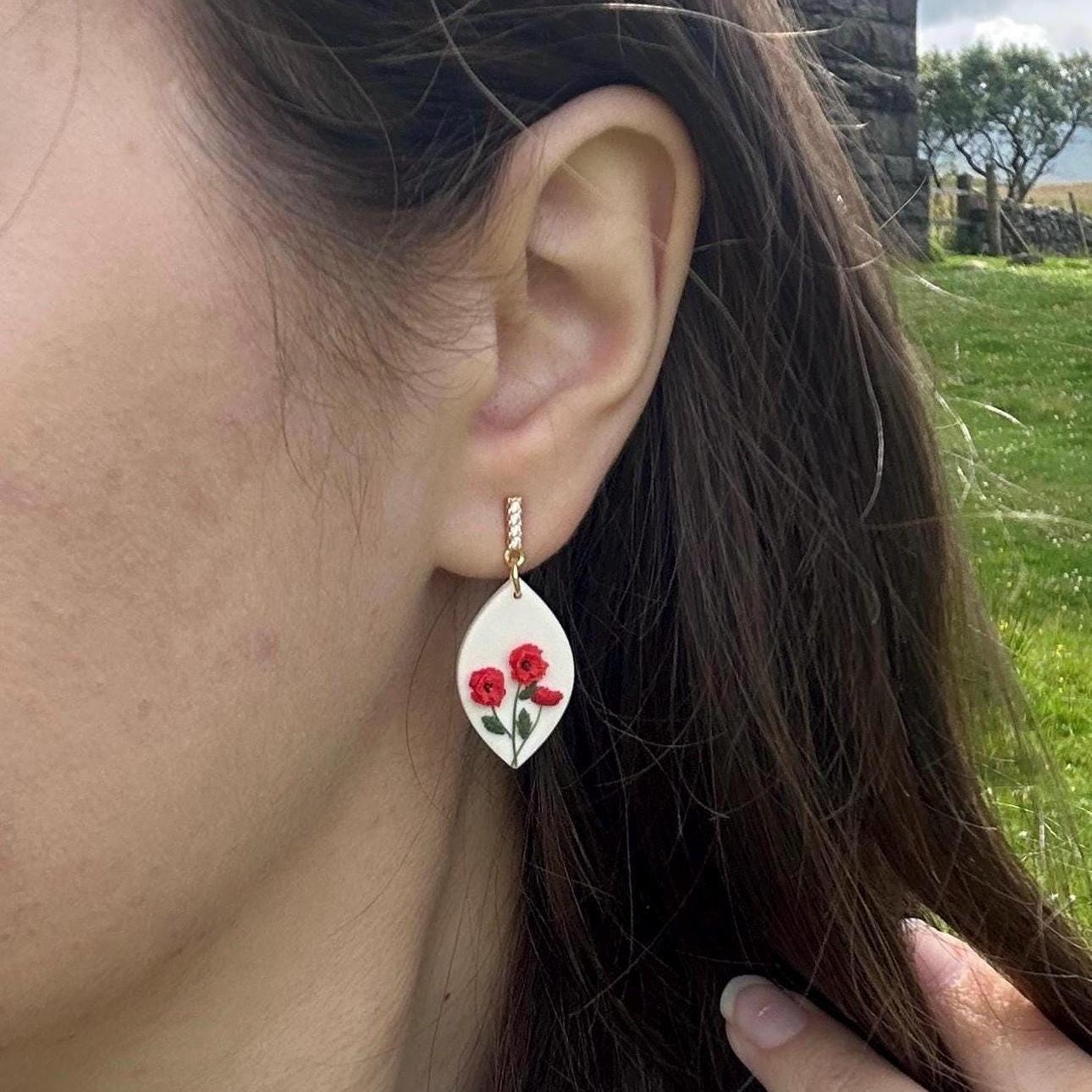Red poppy August birth month earrings