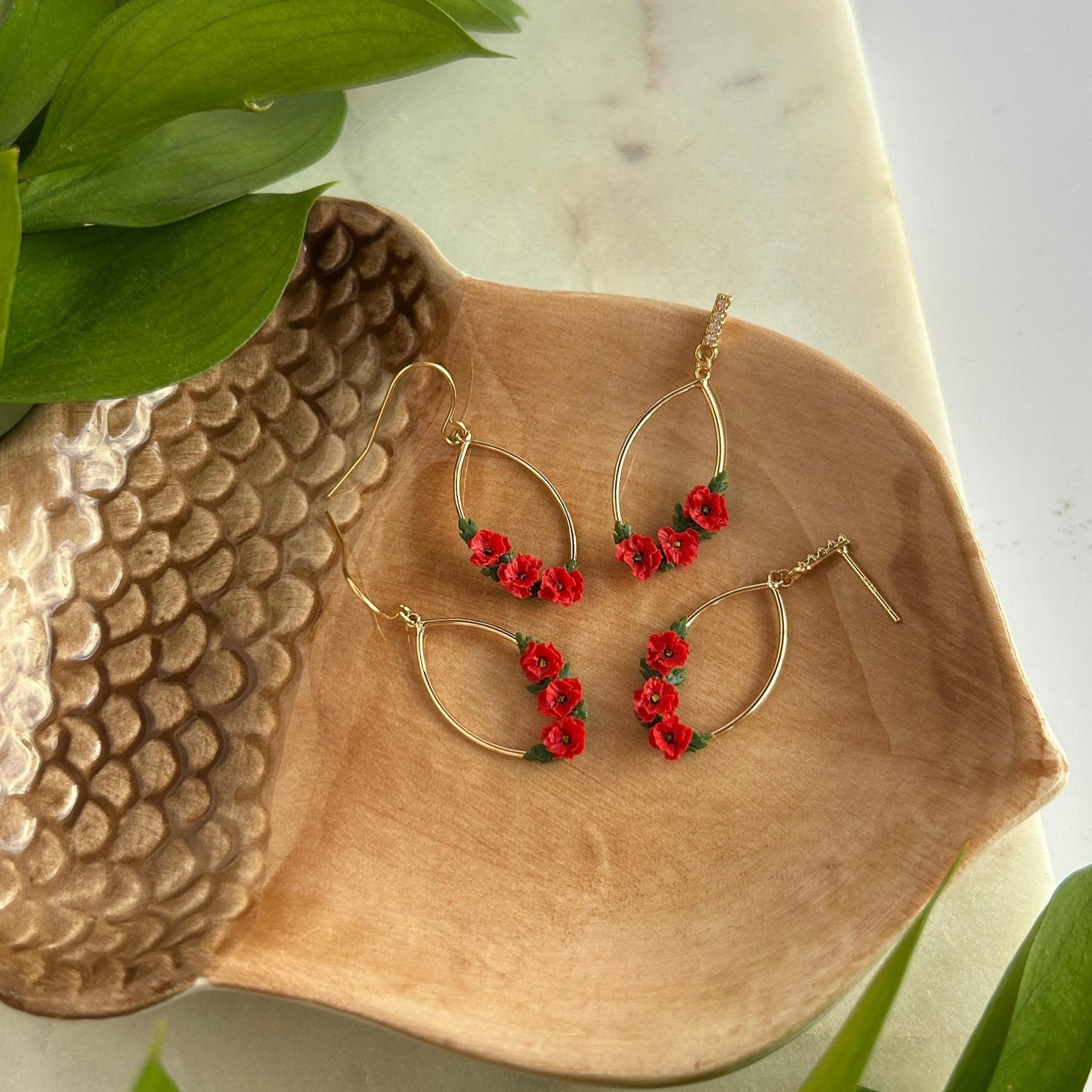 Red poppy August birth month earrings