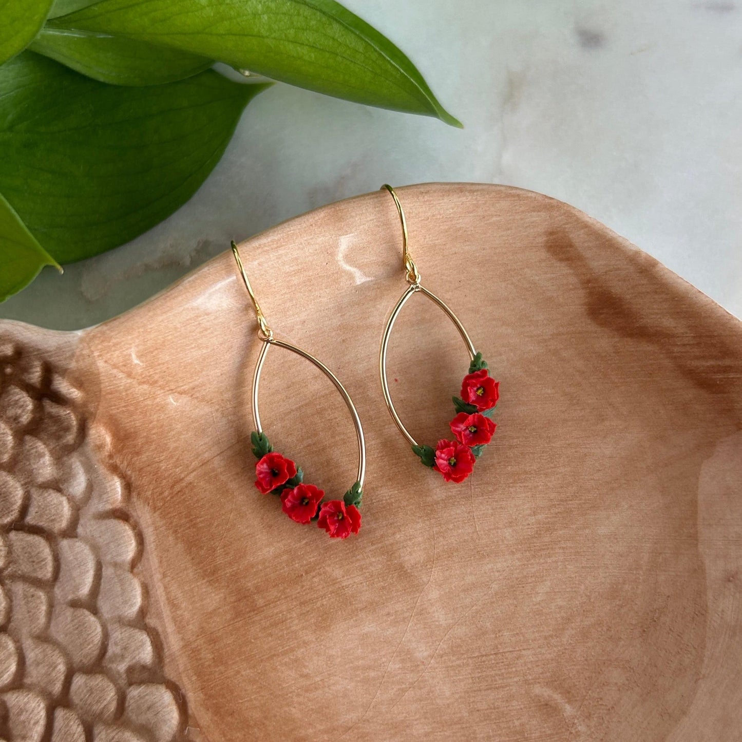 Red poppy August birth month earrings