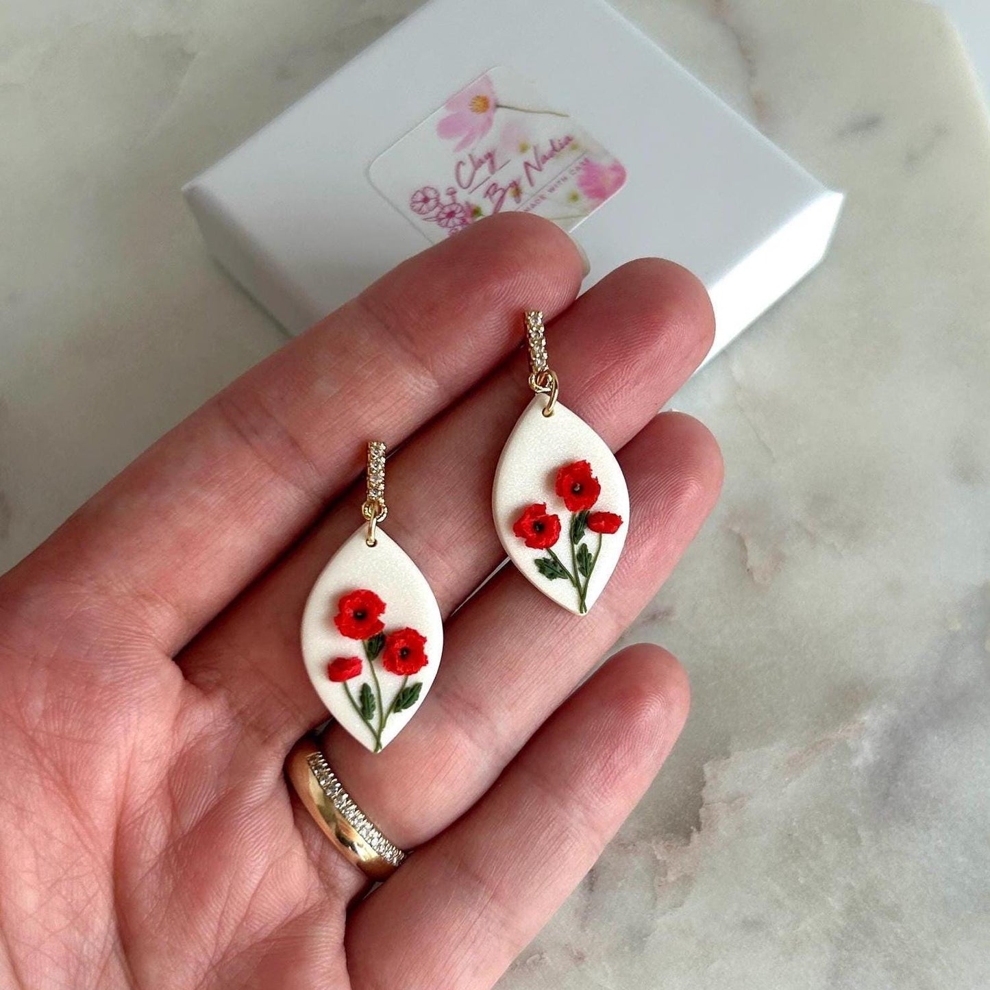 Red poppy August birth month earrings