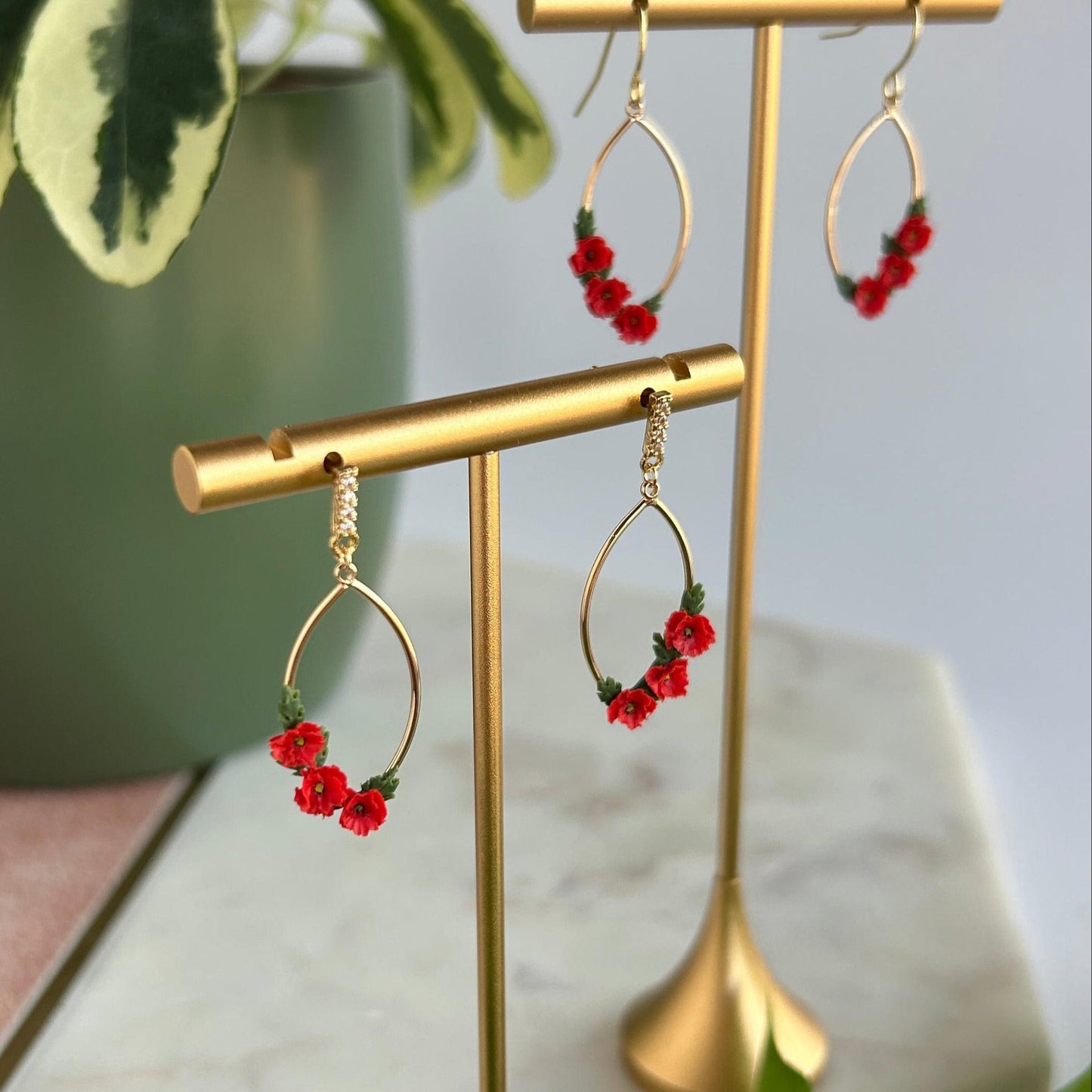 Red poppy August birth month earrings