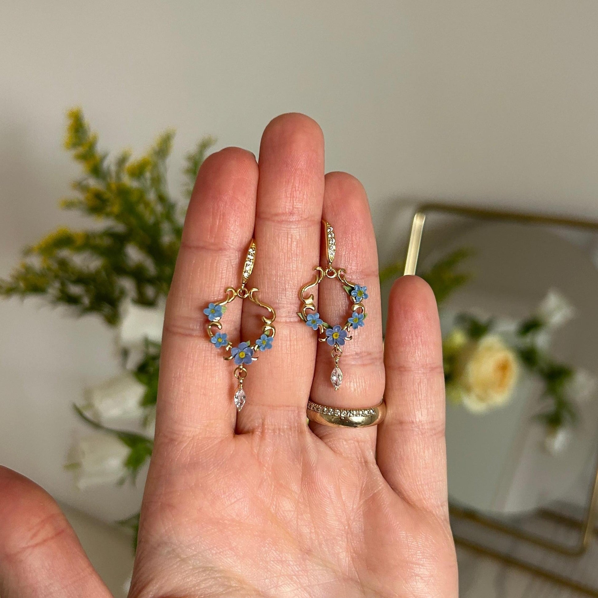 Forget-me-not flower CZ earrings
