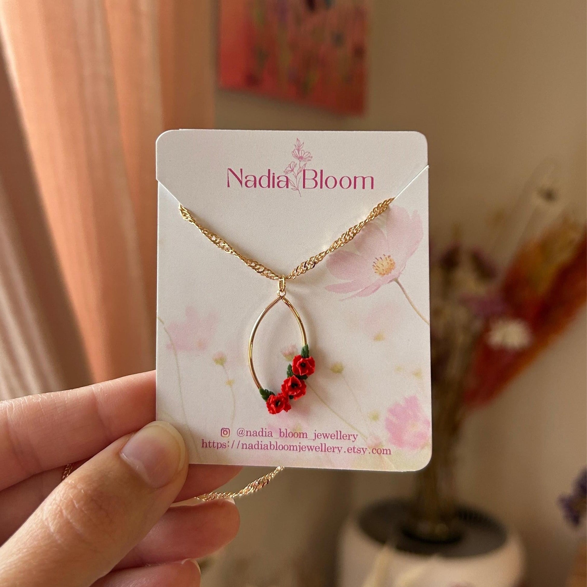 Oval red poppy flower necklace