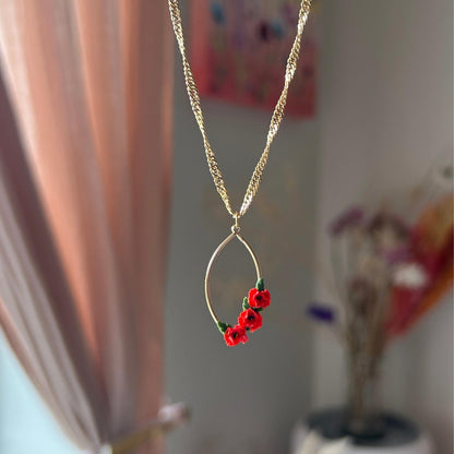 Oval red poppy flower necklace