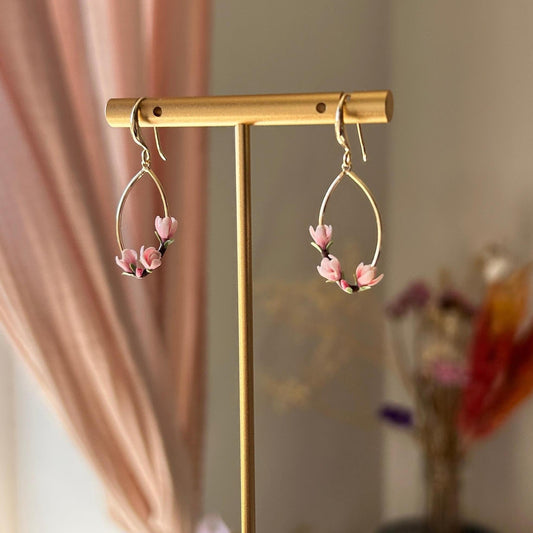 Pink magnolia flower drop earrings
