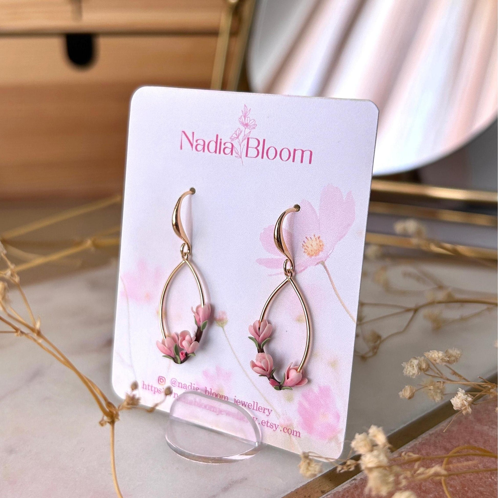 Pink magnolia flower drop earrings