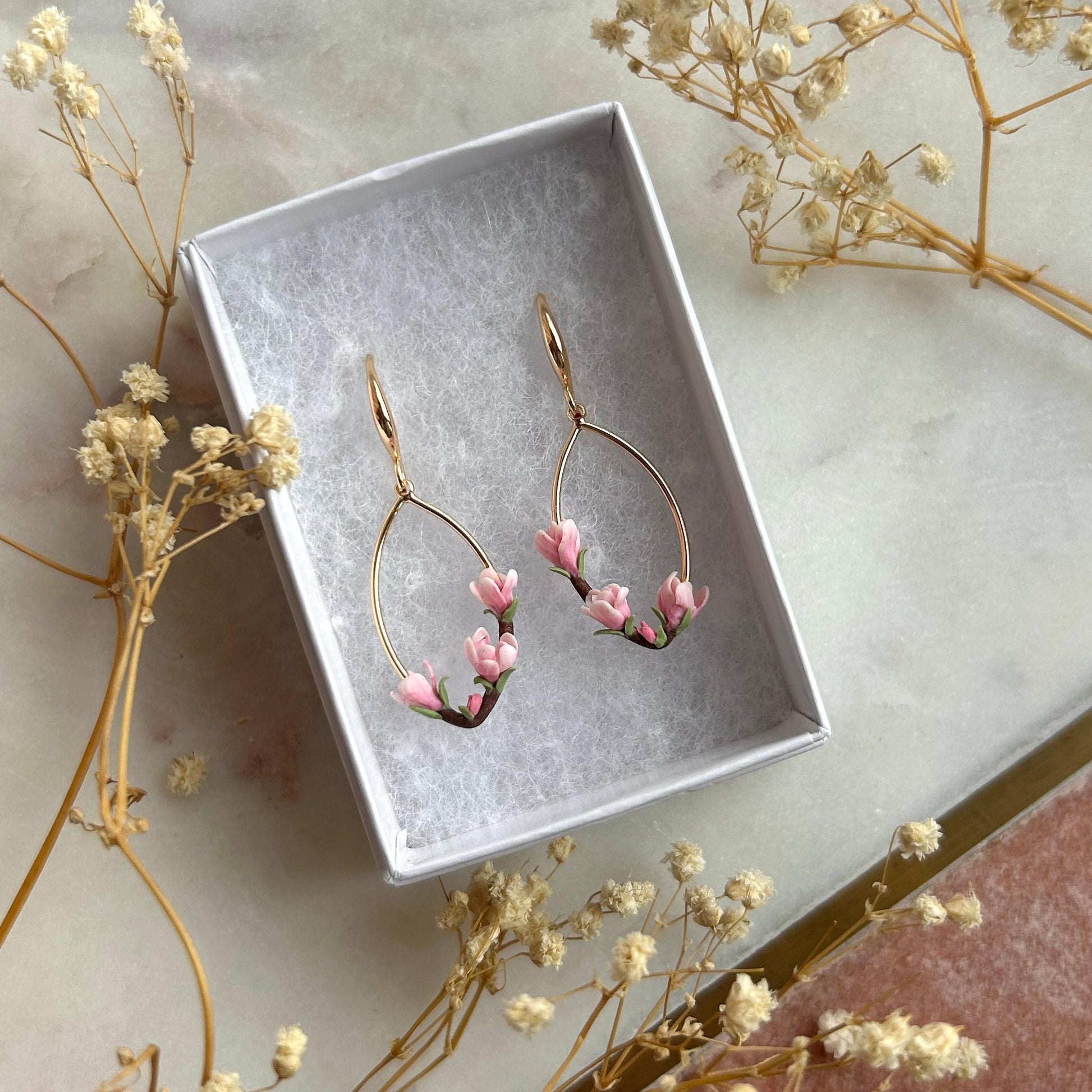 Pink magnolia flower drop earrings