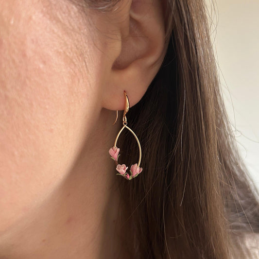 Pink magnolia flower drop earrings
