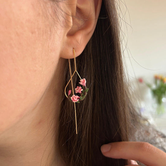 Pink magnolia flower threader earrings
