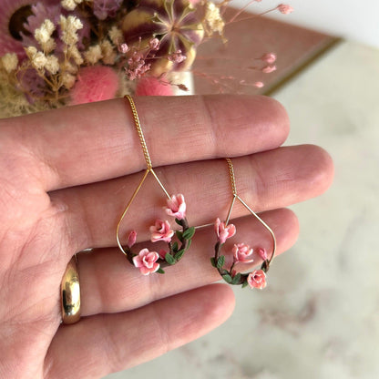 Pink magnolia flower threader earrings