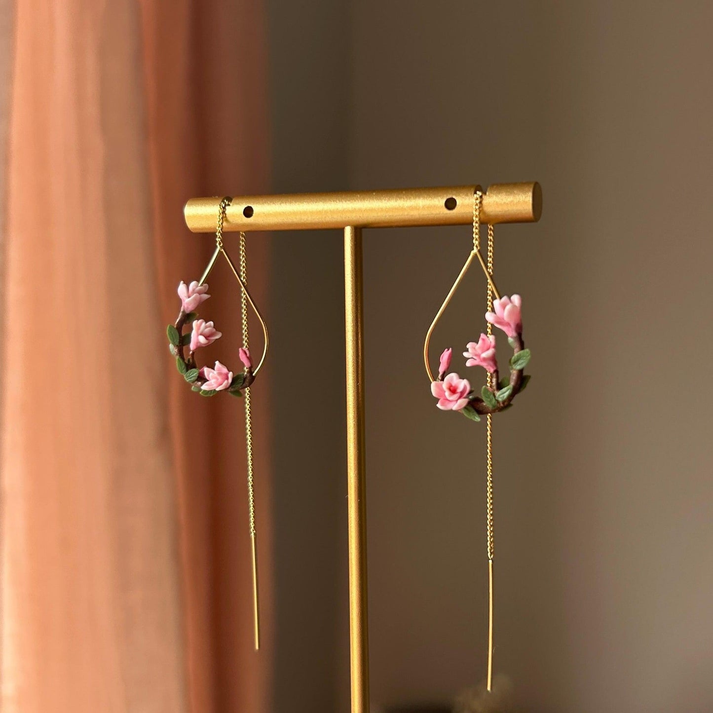 Pink magnolia flower threader earrings