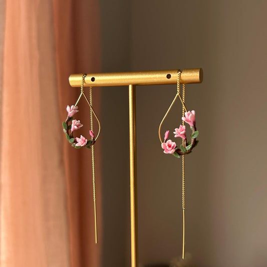 Pink magnolia flower threader earrings