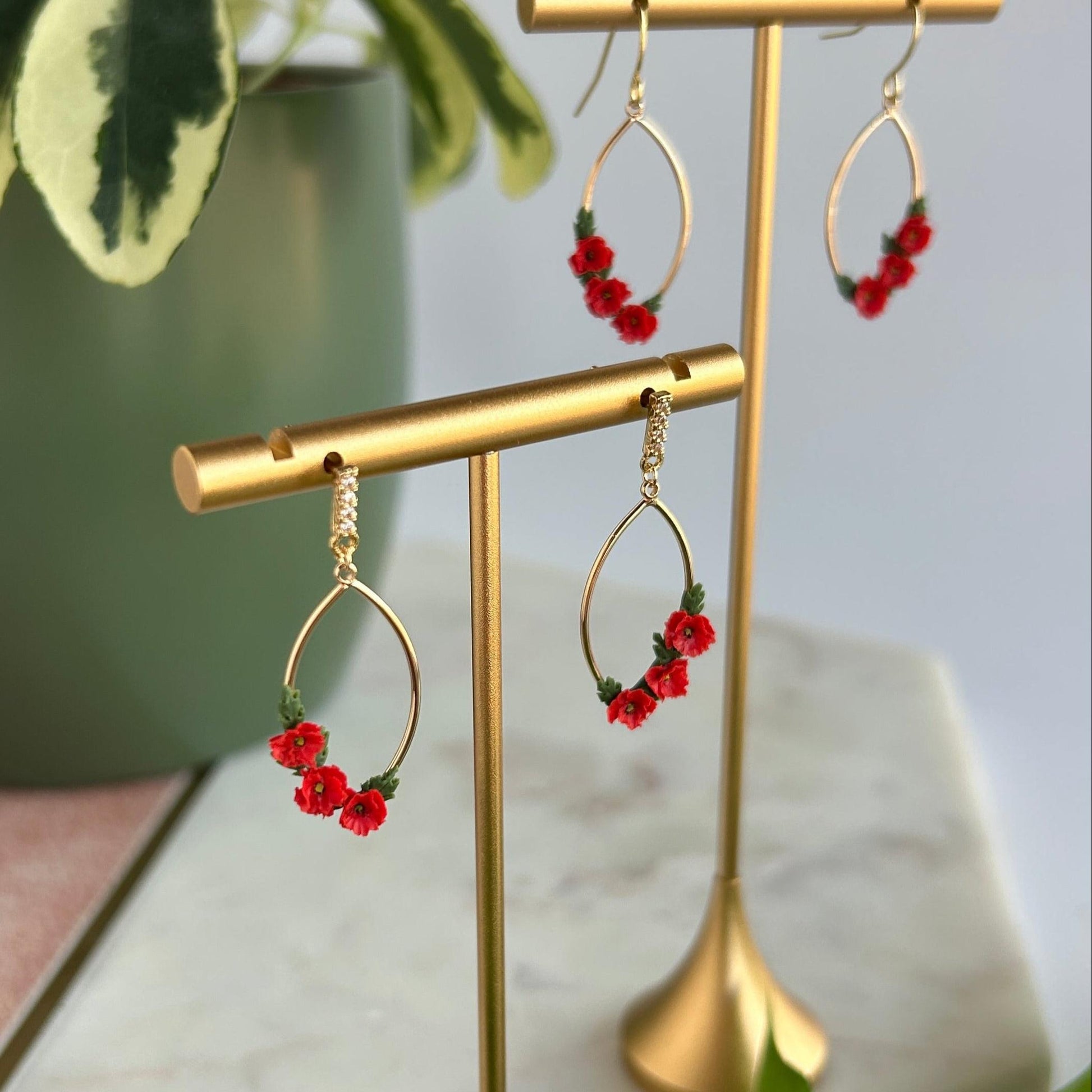Red poppy August birth month earrings