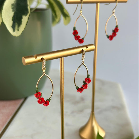 Red poppy August birth month earrings