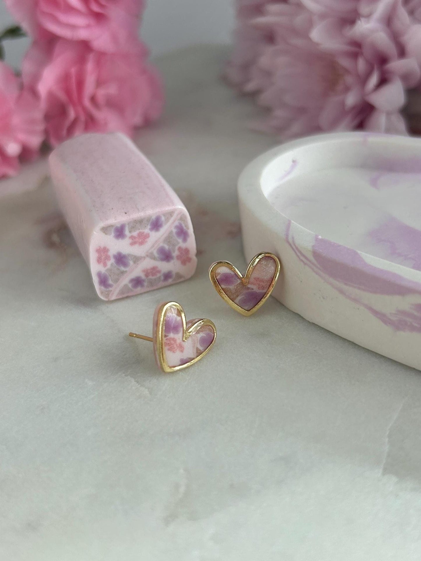 Floral gold framed heart studs