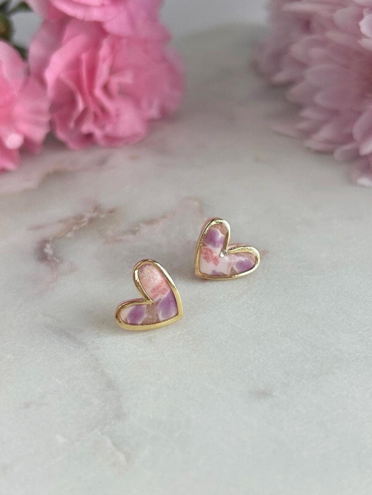 Floral gold framed heart studs